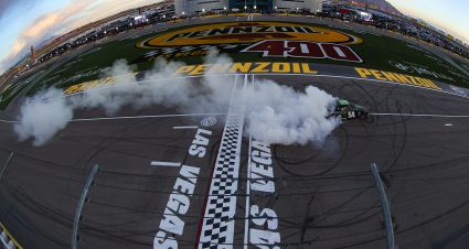 LAS VEGAS, NEVADA - MARCH 05: Ty Gibbs, driver of the #54 Monster Energy Toyota, celebrates with a burnout after winning the NASCAR Xfinity Series Alsco Uniforms 300 at Las Vegas Motor Speedway on March 05, 2022 in Las Vegas, Nevada. (Photo by Dylan Buell/Getty Images) | Getty Images