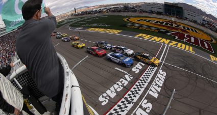 LAS VEGAS, NEVADA - MARCH 06: Christopher Bell, driver of the #20 DeWalt Toyota, leads the field to the green flag to start the NASCAR Cup Series Pennzoil 400 at Las Vegas Motor Speedway on March 06, 2022 in Las Vegas, Nevada. (Photo by Dylan Buell/Getty Images) | Getty Images