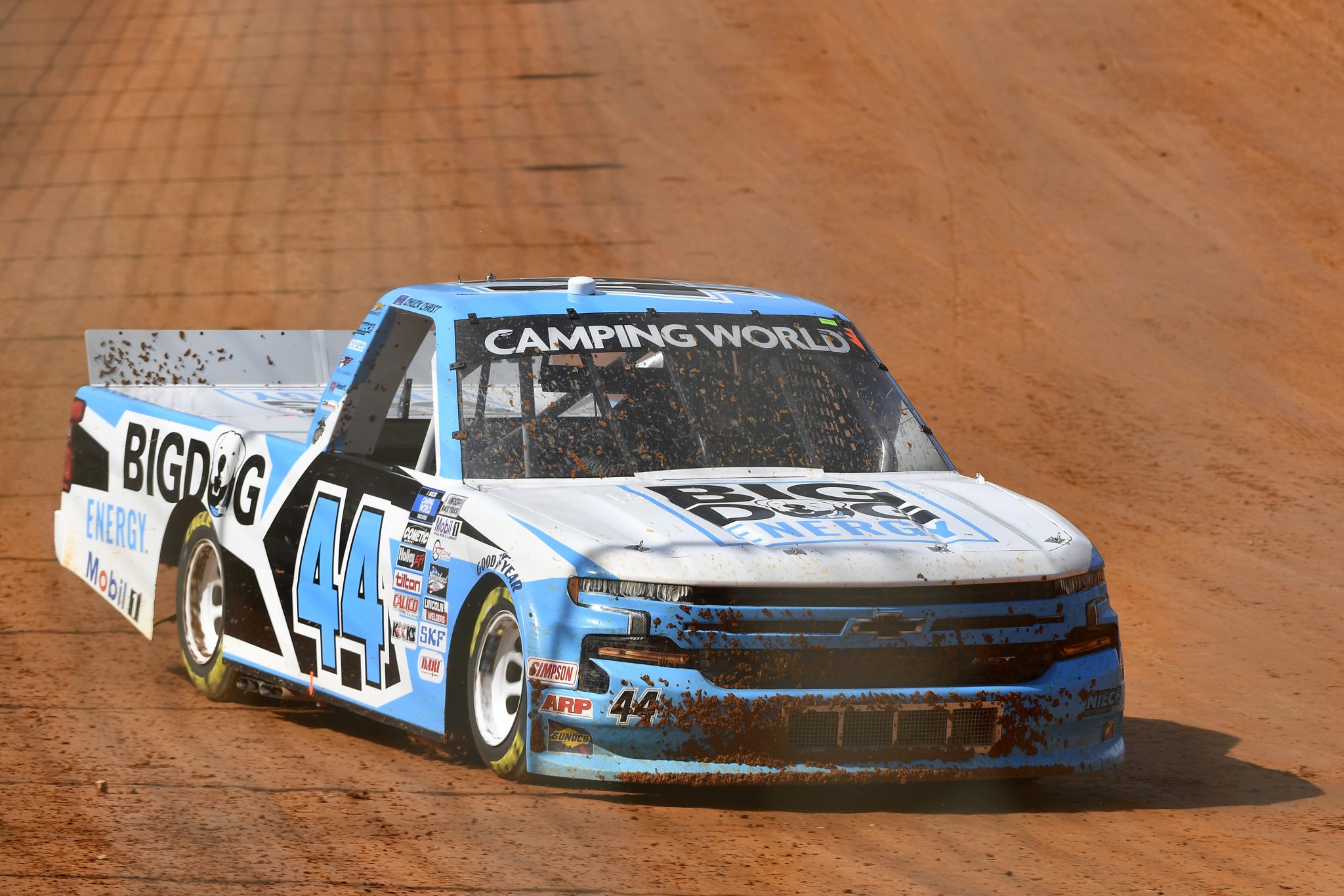 BRISTOL, TENNESSEE - APRIL 15: Kris Wright, driver of the #44 Big Dog Energy Chevrolet, drives during first practice for the NASCAR Camping World Truck Series Pinty's Truck Race on Dirt at Bristol Motor Speedway on April 15, 2022 in Bristol, Tennessee. (Photo by Logan Riely/Getty Images) | Getty Images