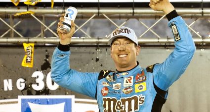 BRISTOL, TENNESSEE - APRIL 17: Kyle Busch, driver of the #18 Mars Crunchy Cookie Toyota, celebrates in victory lane after winning the NASCAR Cup Series Food City Dirt Race at Bristol Motor Speedway on April 17, 2022 in Bristol, Tennessee. (Photo by Chris Graythen/Getty Images) | Getty Images