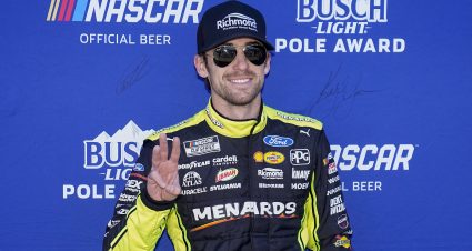 RICHMOND, VIRGINIA - APRIL 02: Ryan Blaney, driver of the #12 Menards/Richmond Water Heaters Ford, poses in front of the signed Busch Light Pole Award backdrop after winning the pole award during qualifying for the NASCAR Cup Series Toyota Owners 400 at Richmond Raceway on April 02, 2022 in Richmond, Virginia. (Photo by Jacob Kupferman/Getty Images) | Getty Images