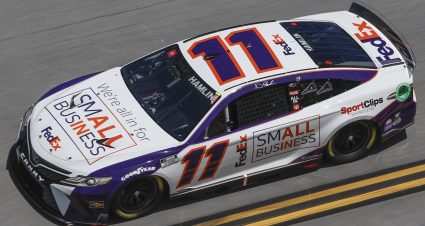 TALLADEGA, ALABAMA - APRIL 23: Denny Hamlin, driver of the #11 FedEx All in for Small Business Toyota, drives during qualifying for the NASCAR Cup Series GEICO 500 at Talladega Superspeedway on April 23, 2022 in Talladega, Alabama. (Photo by Sean Gardner/Getty Images) | Getty Images