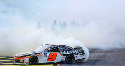 TALLADEGA, ALABAMA - APRIL 23: Noah Gragson, driver of the #9 Bass Pro Shops/TrueTimber/BRCC Chevrolet, celebrates with a burnout after winning the NASCAR Xfinity Series Ag-Pro 300 at Talladega Superspeedway on April 23, 2022 in Talladega, Alabama. (Photo by James Gilbert/Getty Images) | Getty Images