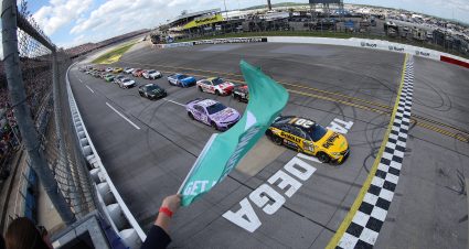 TALLADEGA, ALABAMA - APRIL 24: Christopher Bell, driver of the #20 DeWalt Toyota, leads the field to the green flag to start the NASCAR Cup Series GEICO 500 at Talladega Superspeedway on April 24, 2022 in Talladega, Alabama. (Photo by James Gilbert/Getty Images) | Getty Images