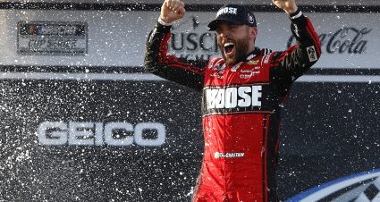 TALLADEGA, ALABAMA - APRIL 24: Ross Chastain, driver of the #1 Moose Fraternity Chevrolet, celebrates in victory lane after winning  the NASCAR Cup Series GEICO 500 at Talladega Superspeedway on April 24, 2022 in Talladega, Alabama. (Photo by Sean Gardner/Getty Images) | Getty Images