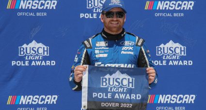 DOVER, DELAWARE - APRIL 30: Chris Buescher, driver of the #17 Fastenal Ford, poses for photos after winning the pole award during qualifying for the DuraMAX Drydene 400 presented by RelaDyne at Dover Motor Speedway on April 30, 2022 in Dover, Delaware. (Photo by Sean Gardner/Getty Images) | Getty Images