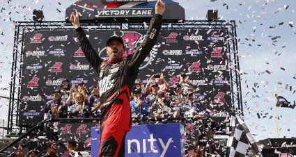 DOVER, DELAWARE - APRIL 30: Josh Berry, driver of the #8 Tire Pros Chevrolet, celebrates in victory lane after winning the NASCAR Xfinity Series A-GAME 200  at Dover Motor Speedway on April 30, 2022 in Dover, Delaware. (Photo by Sean Gardner/Getty Images) | Getty Images