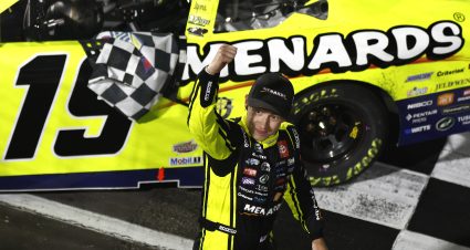 MARTINSVILLE, VIRGINIA - APRIL 08: Brandon Jones, driver of the #19 Menards/Lyons Toyota, celebrates after winning the NASCAR Xfinity Series Call 811 Before You Dig 250 powered by Call 811.com at Martinsville Speedway on April 08, 2022 in Martinsville, Virginia. (Photo by Jared C. Tilton/Getty Images) | Getty Images