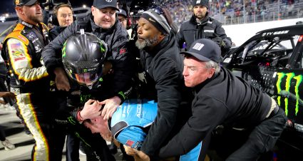 MARTINSVILLE, VIRGINIA - APRIL 08: Sam Mayer, driver of the #1 Accelerate Pros Talent Chevrolet, and Ty Gibbs, driver of the #54 Monster Energy Toyota, get into an altercation after the NASCAR Xfinity Series Call 811 Before You Dig 250 powered by Call 811.com at Martinsville Speedway on April 08, 2022 in Martinsville, Virginia. (Photo by Meg Oliphant/Getty Images) | Getty Images