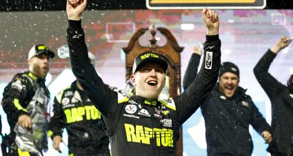 MARTINSVILLE, VIRGINIA - APRIL 09: William Byron, driver of the #24 RaptorTough.com Chevrolet, celebrates in the Ruoff Mortgage victory lane after winning the NASCAR Cup Series Blue-Emu Maximum Pain Relief 400 at Martinsville Speedway on April 09, 2022 in Martinsville, Virginia. (Photo by Jared C. Tilton/Getty Images) | Getty Images