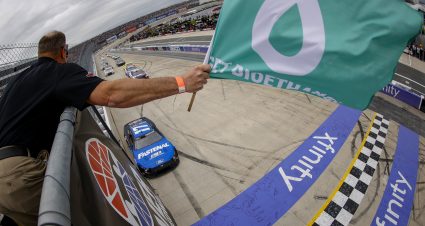 DOVER, DELAWARE - MAY 01: Chris Buescher, driver of the #17 Fastenal Ford, leads the field to the green flag to start the NASCAR Cup Series DuraMAX Drydene 400 presented by RelaDyne at Dover Motor Speedway on May 01, 2022 in Dover, Delaware. (Photo by Tim Nwachukwu/Getty Images) | Getty Images