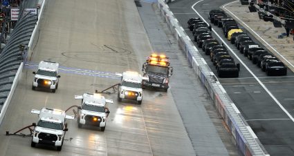 DOVER, DELAWARE - MAY 01: The NASCAR Track Drying Team works to dry the track during a rain delay in the NASCAR Cup Series DuraMAX Drydene 400 presented by RelaDyne at Dover Motor Speedway on May 01, 2022 in Dover, Delaware. (Photo by Tim Nwachukwu/Getty Images) | Getty Images