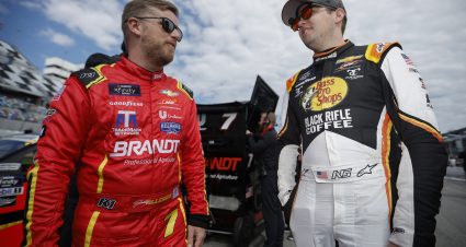 DAYTONA BEACH, FLORIDA - FEBRUARY 19: Justin Allgaier, driver of the #7 BRANDT Chevrolet, (L) and Noah Gragson, driver of the #9 Bass Pro Shops/TrueTimber/BRCC Chevrolet, talk on the grid during qualifying for the NASCAR Xfinity Series Beef. It's What's For Dinner. 300 at Daytona International Speedway on February 19, 2022 in Daytona Beach, Florida. (Photo by Sean Gardner/Getty Images) | Getty Images