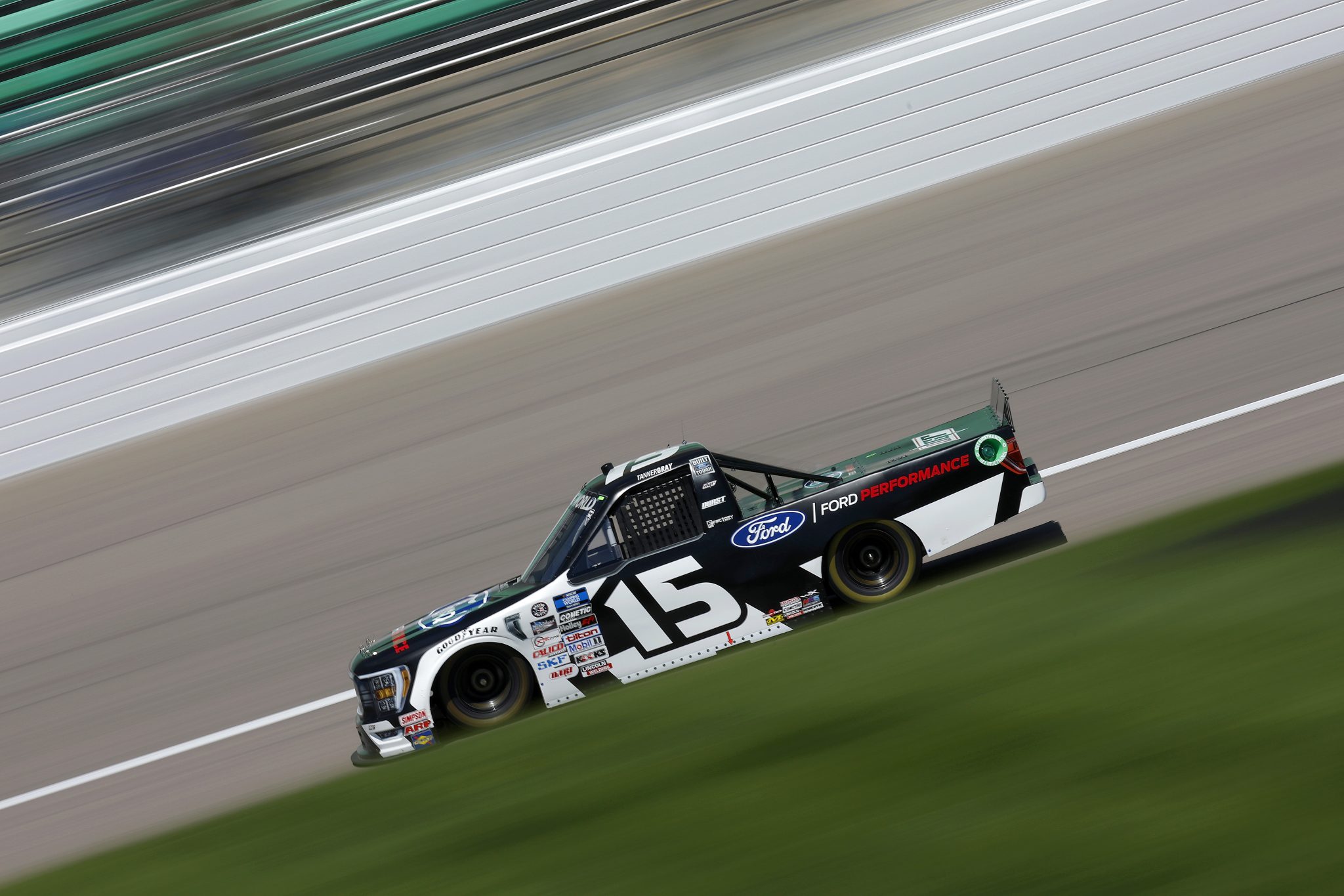 KANSAS CITY, KANSAS - MAY 14: Tanner Gray, driver of the #15 Ford Performance Ford, drives during practice for the NASCAR Camping World Truck Series Heart of America 200 at Kansas Speedway on May 14, 2022 in Kansas City, Kansas. (Photo by Sean Gardner/Getty Images) | Getty Images