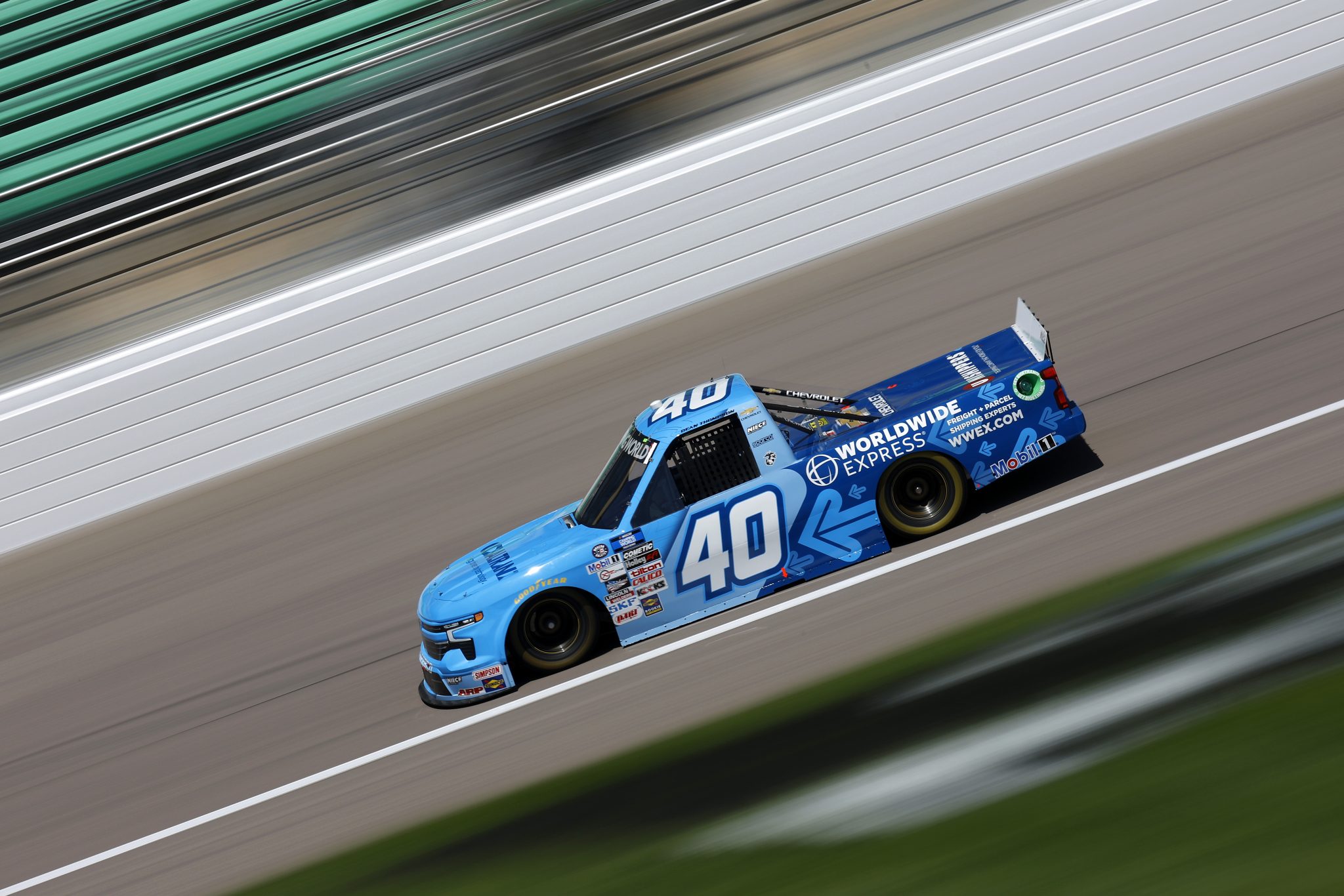 KANSAS CITY, KANSAS - MAY 14: Dean Thompson, driver of the #40 Worldwide Express Chevrolet, drives during practice for the NASCAR Camping World Truck Series Heart of America 200 at Kansas Speedway on May 14, 2022 in Kansas City, Kansas. (Photo by Sean Gardner/Getty Images) | Getty Images