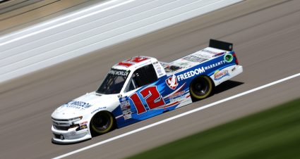 KANSAS CITY, KANSAS - MAY 14: Spencer Boyd, driver of the #12 Freedom Warranty Chevrolet, drives during practice for the NASCAR Camping World Truck Series Heart of America 200 at Kansas Speedway on May 14, 2022 in Kansas City, Kansas. (Photo by Sean Gardner/Getty Images) | Getty Images