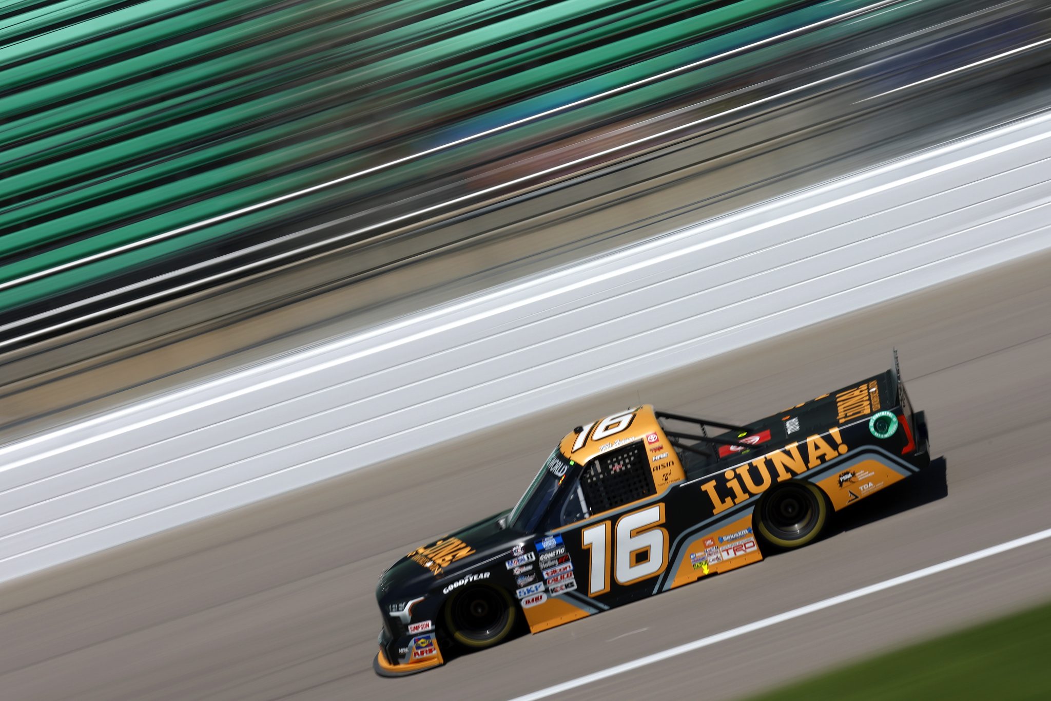 KANSAS CITY, KANSAS - MAY 14: Tyler Ankrum, driver of the #16 LiUNA! Toyota, during practice for the NASCAR Camping World Truck Series Heart of America 200 at Kansas Speedway on May 14, 2022 in Kansas City, Kansas. (Photo by Sean Gardner/Getty Images) | Getty Images
