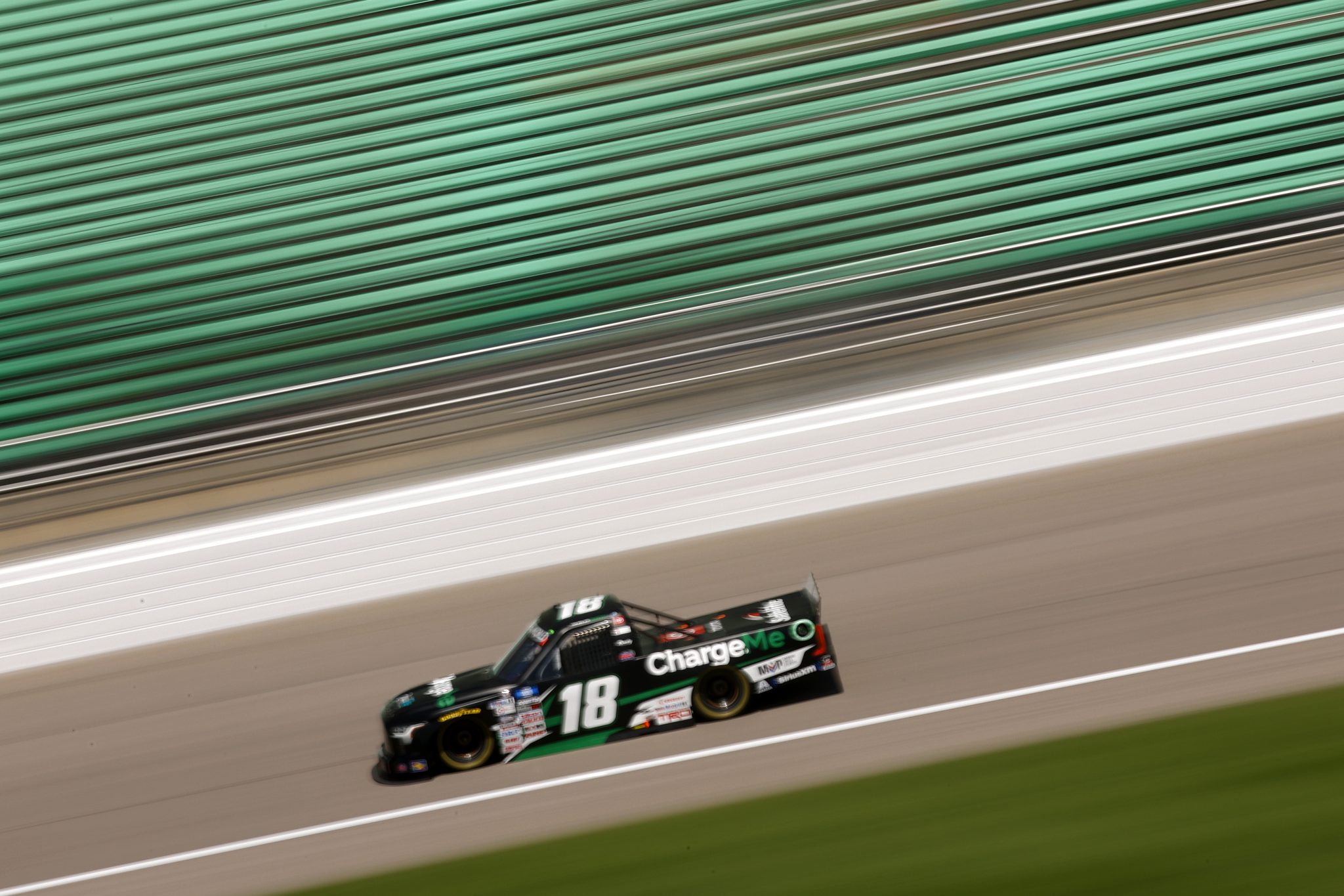 KANSAS CITY, KANSAS - MAY 14: Chandler Smith, driver of the #18 ChargeMe Toyota, drives during p for the NASCAR Camping World Truck Series Heart of America 200 at Kansas Speedway on May 14, 2022 in Kansas City, Kansas. (Photo by Chris Graythen/Getty Images) | Getty Images