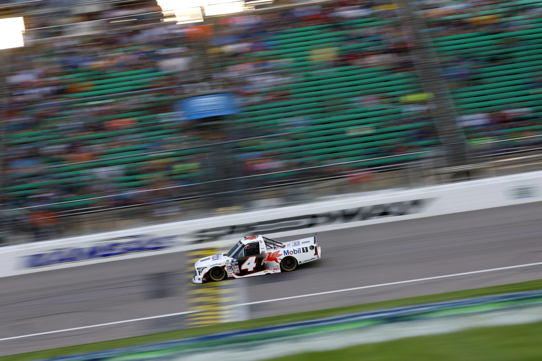 KANSAS CITY, KANSAS - MAY 14: John Hunter Nemechek, driver of the #4 Mobil 1 Toyota, drives during the NASCAR Camping World Truck Series Heart of America 200 at Kansas Speedway on May 14, 2022 in Kansas City, Kansas. (Photo by Chris Graythen/Getty Images) | Getty Images