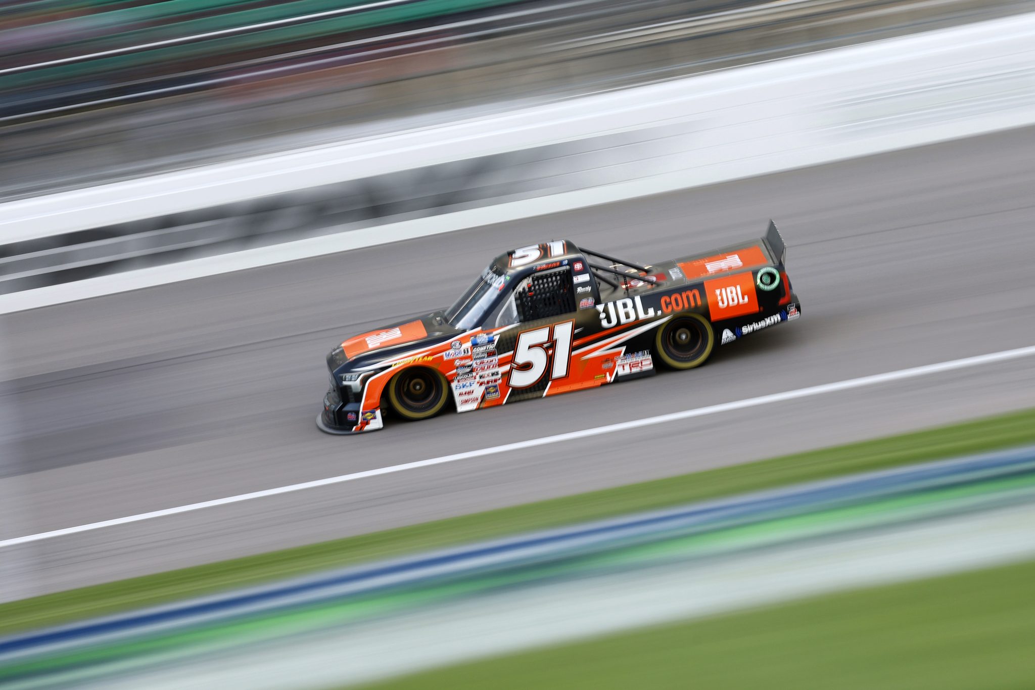 KANSAS CITY, KANSAS - MAY 14: Corey Heim, driver of the #51 JBL Toyota, drives during the NASCAR Camping World Truck Series Heart of America 200 at Kansas Speedway on May 14, 2022 in Kansas City, Kansas. (Photo by Chris Graythen/Getty Images) | Getty Images