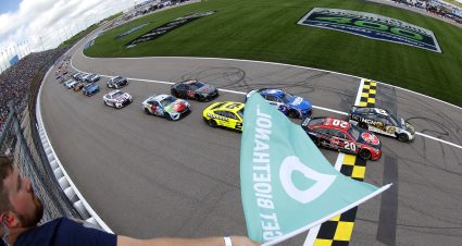 KANSAS CITY, KANSAS - MAY 15: Christopher Bell, driver of the #20 Rheem Toyota, leads the field to the green flag to start the NASCAR Cup Series AdventHealth 400 at Kansas Speedway on May 15, 2022 in Kansas City, Kansas. (Photo by Sean Gardner/Getty Images) | Getty Images