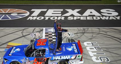 FORT WORTH, TEXAS - MAY 20: Stewart Friesen, driver of the #52 Halmar International Toyota, celebrates after winning the NASCAR Camping World Truck Series SpeedyCash.com 220 at Texas Motor Speedway on May 20, 2022 in Fort Worth, Texas. (Photo by Sean Gardner/Getty Images) | Getty Images