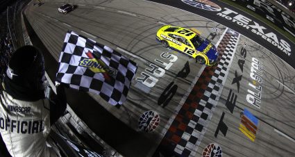 FORT WORTH, TEXAS - MAY 22: Ryan Blaney, driver of the #12 Menards/Wrangler Ford, takes the checkered flag to win the NASCAR Cup Series All-Star Race at Texas Motor Speedway on May 22, 2022 in Fort Worth, Texas. (Photo by Sean Gardner/Getty Images) | Getty Images