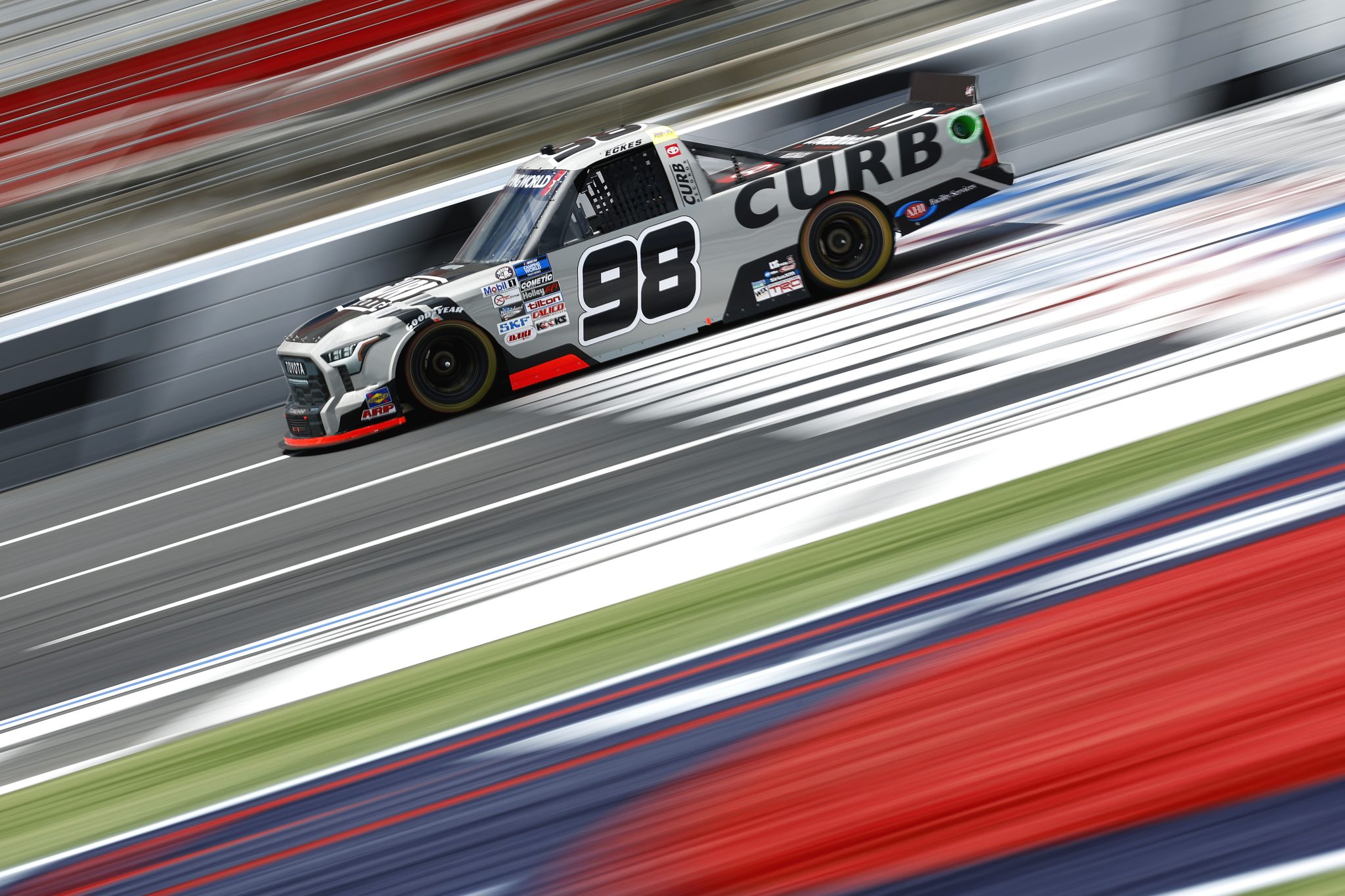 CONCORD, NORTH CAROLINA - MAY 27: Christian Eckes, driver of the #98 Curb Records Toyota, drives during practice for the NASCAR Camping World Truck Series North Carolina Education Lottery 200 at Charlotte Motor Speedway on May 27, 2022 in Concord, North Carolina. (Photo by Jared C. Tilton/Getty Images) | Getty Images