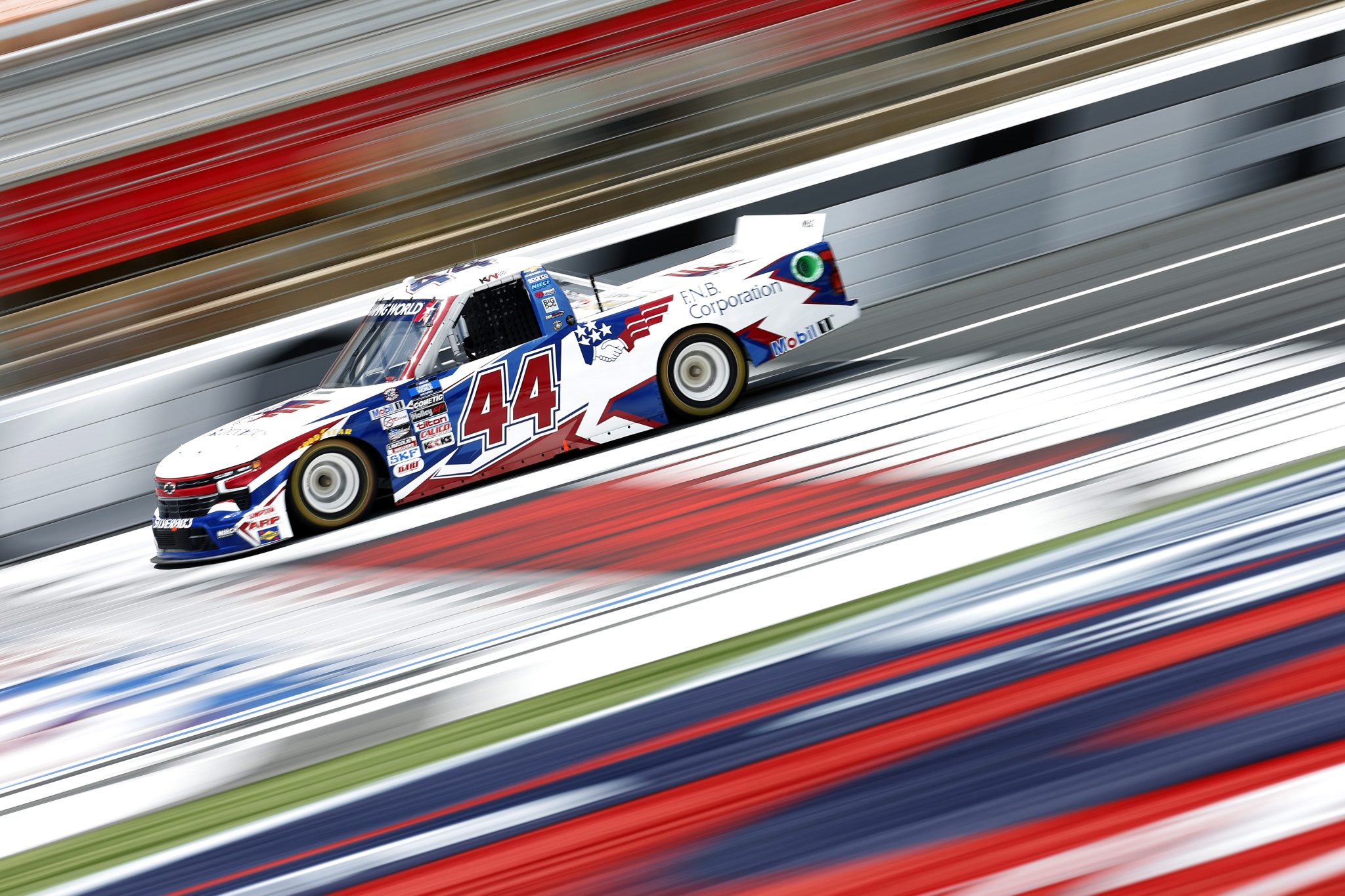 CONCORD, NORTH CAROLINA - MAY 27: Kris Wright, driver of the #44 F.N.B. Corporation Chevrolet, drives during practice for the NASCAR Camping World Truck Series North Carolina Education Lottery 200 at Charlotte Motor Speedway on May 27, 2022 in Concord, North Carolina. (Photo by Jared C. Tilton/Getty Images) | Getty Images