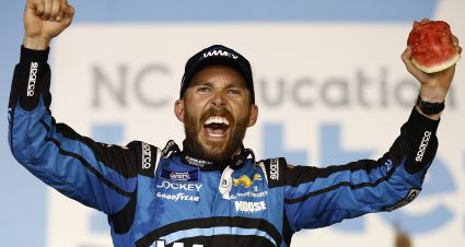 CONCORD, NORTH CAROLINA - MAY 27: Ross Chastain, driver of the #41 Worldwide Express Chevrolet, celebrates in victory lane after winning the NASCAR Camping World Truck Series North Carolina Education Lottery 200 at Charlotte Motor Speedway on May 27, 2022 in Concord, North Carolina. (Photo by Jared C. Tilton/Getty Images) | Getty Images