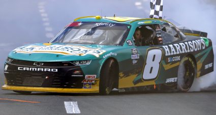 CONCORD, NORTH CAROLINA - MAY 28: Josh Berry, driver of the #8 Harrison's USA Chevrolet, celebrates with the checkered flag after winning the NASCAR Xfinity Series Alsco Uniforms 300 at Charlotte Motor Speedway on May 28, 2022 in Concord, North Carolina. (Photo by Buda Mendes/Getty Images) | Getty Images