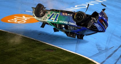 CONCORD, NORTH CAROLINA - MAY 29: Chris Buescher, driver of the #17 Fifth Third Bank Ford, flips into the infield grass after an on-track incident during the NASCAR Cup Series Coca-Cola 600 at Charlotte Motor Speedway on May 29, 2022 in Concord, North Carolina. (Photo by James Gilbert/Getty Images) | Getty Images
