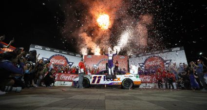CONCORD, NORTH CAROLINA - MAY 29: Denny Hamlin, driver of the #11 FedEx Ground Toyota, celebrates in victory lane after winning the NASCAR Cup Series Coca-Cola 600 at Charlotte Motor Speedway on May 29, 2022 in Concord, North Carolina. (Photo by Jared C. Tilton/Getty Images) | Getty Images