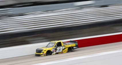 DARLINGTON, SOUTH CAROLINA - MAY 06: Grant Enfinger, driver of the #23 Champion Power Equipment Chevrolet, drives during qualifying for the NASCAR Camping World Truck Series Dead on Tools 200 at Darlington Raceway on May 06, 2022 in Darlington, South Carolina. (Photo by James Gilbert/Getty Images) | Getty Images