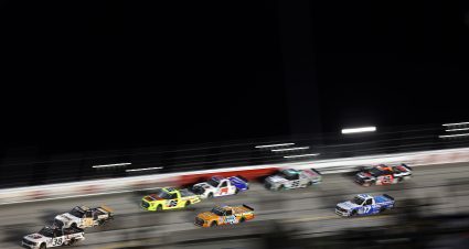 DARLINGTON, SOUTH CAROLINA - MAY 06: Zane Smith, driver of the #38 Fr8Auctions.com Ford, leads the field during the NASCAR Camping World Truck Series Dead on Tools 200 at Darlington Raceway on May 06, 2022 in Darlington, South Carolina. (Photo by James Gilbert/Getty Images) | Getty Images