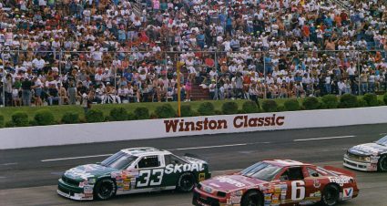 MARTINSVILLE, VA - SEPTEMBER 22, 1991:  Harry Gant (No. 33) leads Mark Martin (No. 6) on his way to winning the GoodyÕs 500 NASCAR Cup race at Martinsville Speedway. The win was GantÕs fourth in a row during the latter half of the 1991 season, earning him the nickname ÒMr. September.Ó (Photo by ISC Images & Archives via Getty Images)