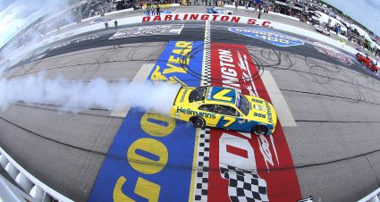 DARLINGTON, SOUTH CAROLINA - MAY 07: Justin Allgaier, driver of the #7 Hellmann's Chevrolet, celebrates with a burnout after winning the NASCAR Xfinity Series Mahindra ROXOR 200 at Darlington Raceway on May 07, 2022 in Darlington, South Carolina. (Photo by Emilee Chinn/Getty Images) | Getty Images