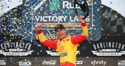 DARLINGTON, SOUTH CAROLINA - MAY 08: Joey Logano, driver of the #22 Shell Pennzoil Ford, celebrates in the Ruoff Mortgage victory lane after winning the NASCAR Cup Series Goodyear 400 at Darlington Raceway on May 08, 2022 in Darlington, South Carolina. (Photo by James Gilbert/Getty Images) | Getty Images