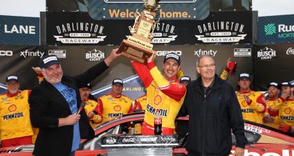 DARLINGTON, SOUTH CAROLINA - MAY 08: Joey Logano, driver of the #22 Shell Pennzoil Ford, celebrates in the Ruoff Mortgage victory lane after winning the NASCAR Cup Series Goodyear 400 at Darlington Raceway on May 08, 2022 in Darlington, South Carolina. (Photo by James Gilbert/Getty Images) | Getty Images