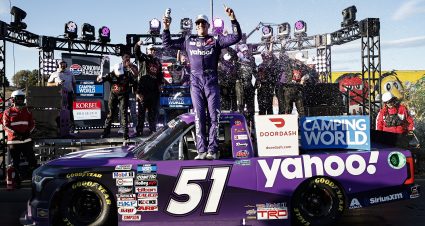 SONOMA, CALIFORNIA - JUNE 11: Kyle Busch, driver of the #51 yahoo! Toyota, celebrates in victory lane after winning the NASCAR Camping World Truck Series DoorDash 250 at Sonoma Raceway on June 11, 2022 in Sonoma, California. (Photo by Chris Graythen/Getty Images) | Getty Images