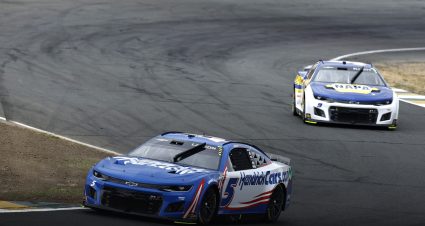 SONOMA, CALIFORNIA - JUNE 12: Kyle Larson, driver of the #5 HendrickCars.com Chevrolet, and Chase Elliott, driver of the #9 NAPA Auto Parts Chevrolet, race during the NASCAR Cup Series Toyota/Save Mart 350 at Sonoma Raceway on June 12, 2022 in Sonoma, California. (Photo by Sean Gardner/Getty Images) | Getty Images