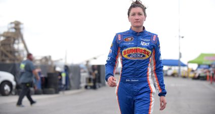 IRWINDALE, CA - MARCH 25:  Julia Landauer, driver of the Lucas Oil/Eibach/Sunrise Ford, walks in the garage during practice for the K&N West Series Napa Twins 100 at Irwindale Speedway on March 25, 2017 in Irwindale, California.  (Photo by Jonathan Moore/Getty Images) | Getty Images