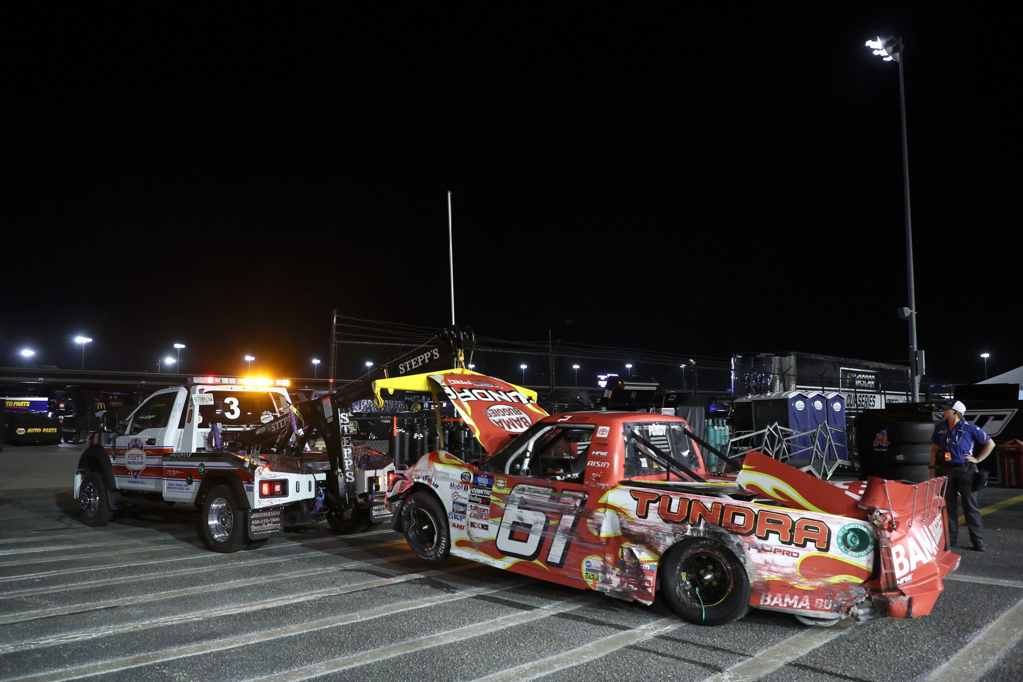 DARLINGTON, SOUTH CAROLINA - MAY 06: The #61 BAMA Buggies Toyota, driven by Chase Purdy is towed to the garage after an on-track incident during the NASCAR Camping World Truck Series Dead on Tools 200 at Darlington Raceway on May 06, 2022 in Darlington, South Carolina. (Photo by James Gilbert/Getty Images) | Getty Images