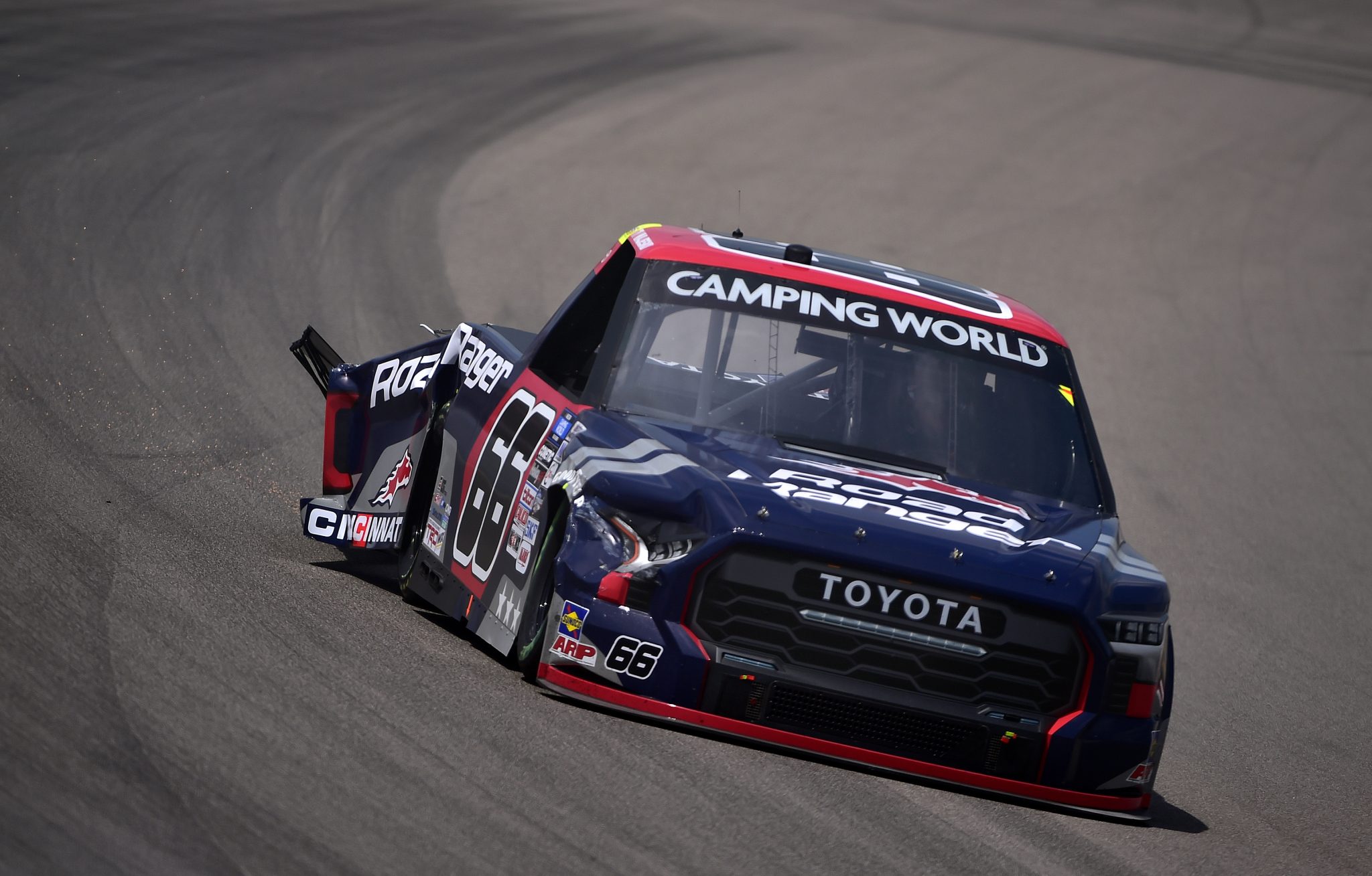 MADISON, ILLINOIS - JUNE 04: Ty Majeski, driver of the #66 Road Ranger Toyota, drives a damaged truck during the NASCAR Camping World Truck Series Toyota 200 at WWT Raceway on June 04, 2022 in Madison, Illinois. (Photo by Jeff Curry/Getty Images) | Getty Images