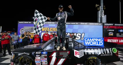 KNOXVILLE, IOWA - JUNE 18: Todd Gilliland, driver of the #17 Frontline Enterprises Ford, celebrates in victory lane after winning the NASCAR Camping World Truck Series Clean Harbors 150 at Knoxville Raceway on June 18, 2022 in Knoxville, Iowa. (Photo by Kyle Rivas/Getty Images) | Getty Images