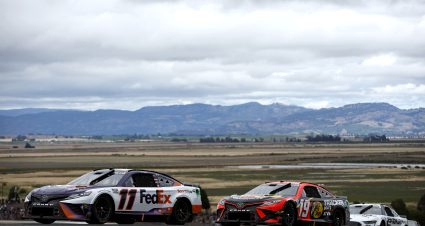 SONOMA, CALIFORNIA - JUNE 12: Denny Hamlin, driver of the #11 FedEx Freight Toyota, and Martin Truex Jr., driver of the #19 Bass Pro Shops Toyota, race during the NASCAR Cup Series Toyota/Save Mart 350 at Sonoma Raceway on June 12, 2022 in Sonoma, California. (Photo by Sean Gardner/Getty Images) | Getty Images