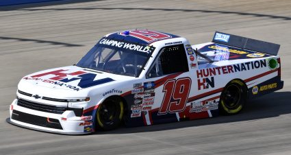 LEBANON, TENNESSEE - JUNE 24: Derek Kraus, driver of the #19 Hunter Nation Chevrolet, drives during qualifying for the NASCAR Camping World Truck Series Rackley Roofing 200 at Nashville Superspeedway on June 24, 2022 in Lebanon, Tennessee. (Photo by Logan Riely/Getty Images) | Getty Images