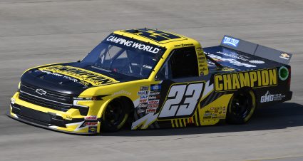 LEBANON, TENNESSEE - JUNE 24: Grant Enfinger, driver of the #23 Champion Power Equipment Chevrolet, drives during qualifying for the NASCAR Camping World Truck Series Rackley Roofing 200 at Nashville Superspeedway on June 24, 2022 in Lebanon, Tennessee. (Photo by Logan Riely/Getty Images) | Getty Images