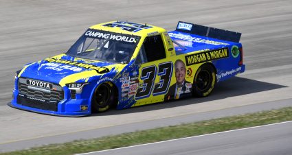 LEBANON, TENNESSEE - JUNE 24: Chris Hacker, driver of the #33 Morgan & Morgan Chevrolet, drives during qualifying for the NASCAR Camping World Truck Series Rackley Roofing 200 at Nashville Superspeedway on June 24, 2022 in Lebanon, Tennessee. (Photo by Logan Riely/Getty Images) | Getty Images