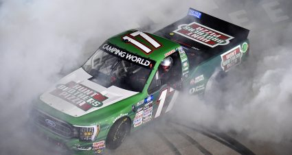 LEBANON, TENNESSEE - JUNE 24: Ryan Preece, driver of the #17 Hunt Brothers Pizza Ford, celebrates with a burnout after winning the NASCAR Camping World Truck Series Rackley Roofing 200 at Nashville Superspeedway on June 24, 2022 in Lebanon, Tennessee. (Photo by Logan Riely/Getty Images) | Getty Images